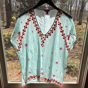 Embroidered V-Neck Women's Top - Light Blue with Pink and Orange Accents